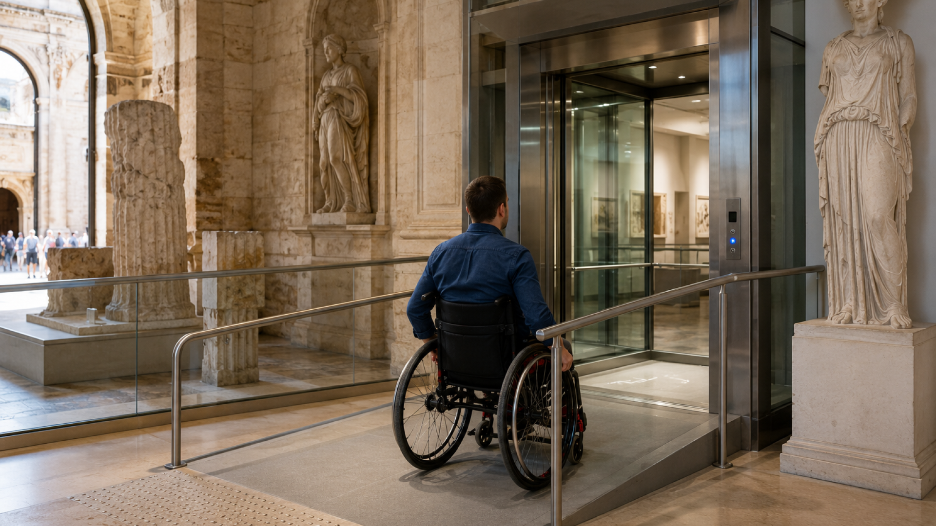 Museo accessibile con persona in carrozzina davanti a un ascensore integrato in un edificio storico.
