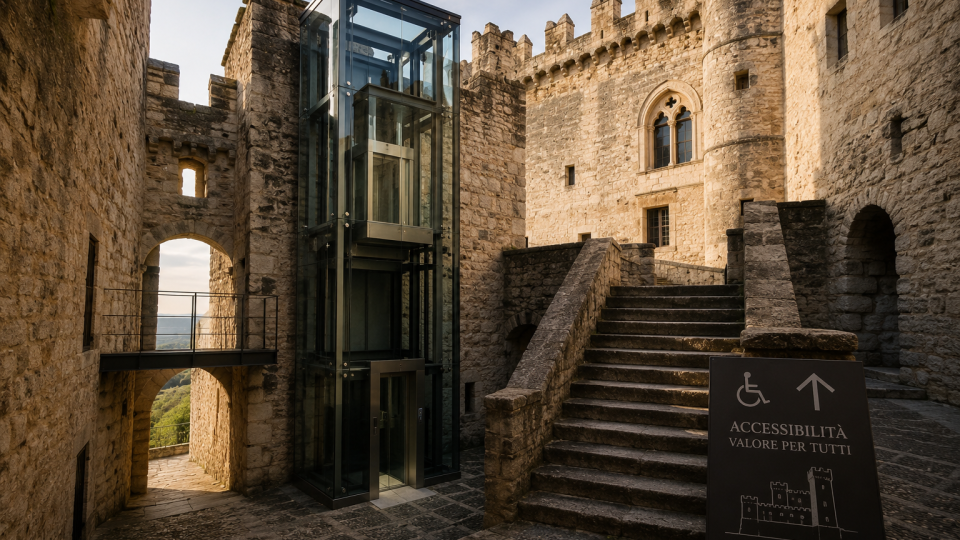 Ascensori in edifici storici con struttura panoramica in vetro integrata in un castello medievale