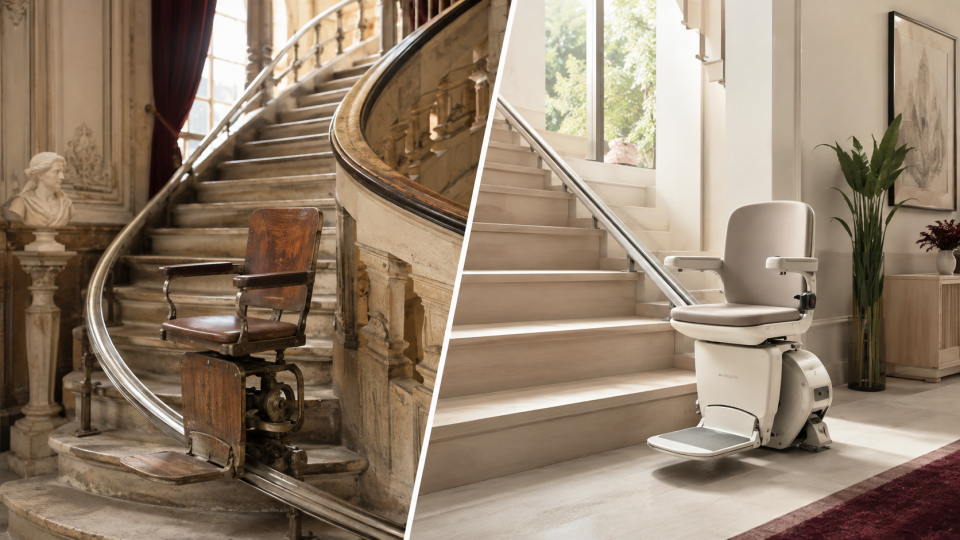 Evoluzione del montascale, da un modello storico in legno e metallo a una moderna poltroncina montascale domestica.
