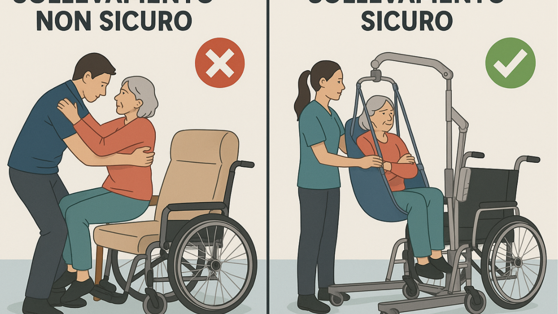 L'immagine rappresenta la differenza tra un sollevamento sicuro e uno no