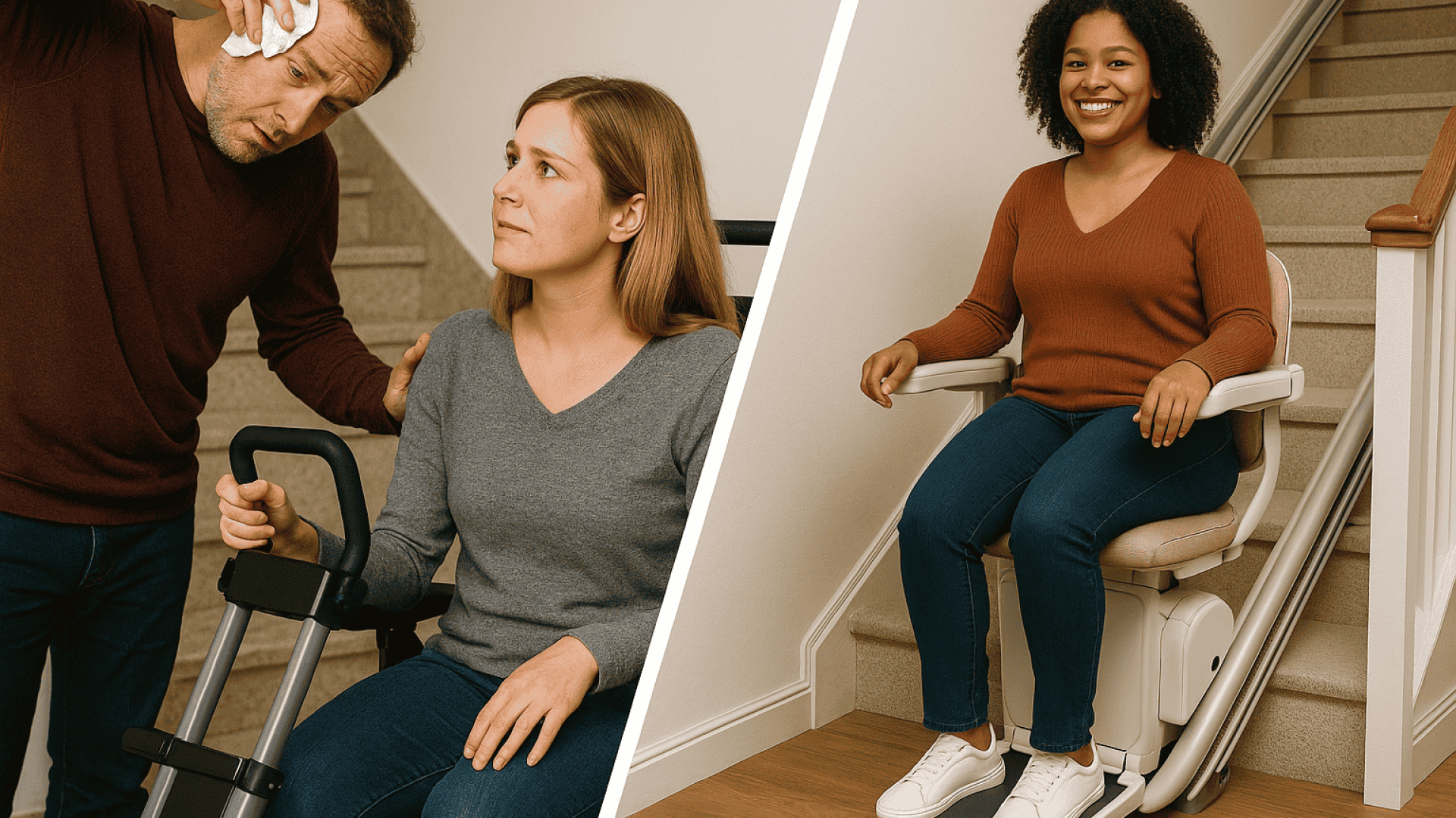 l'immagine rappresenta un confronto tra montascale portatile e montascale fisso