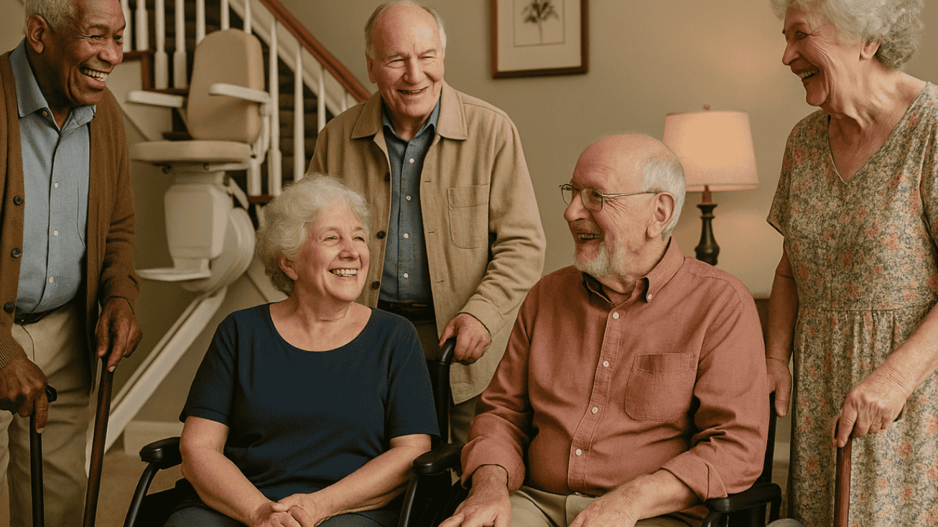 l'immagine rappresenta signori anziani che sorridono in amicizia con dietro un montascale
