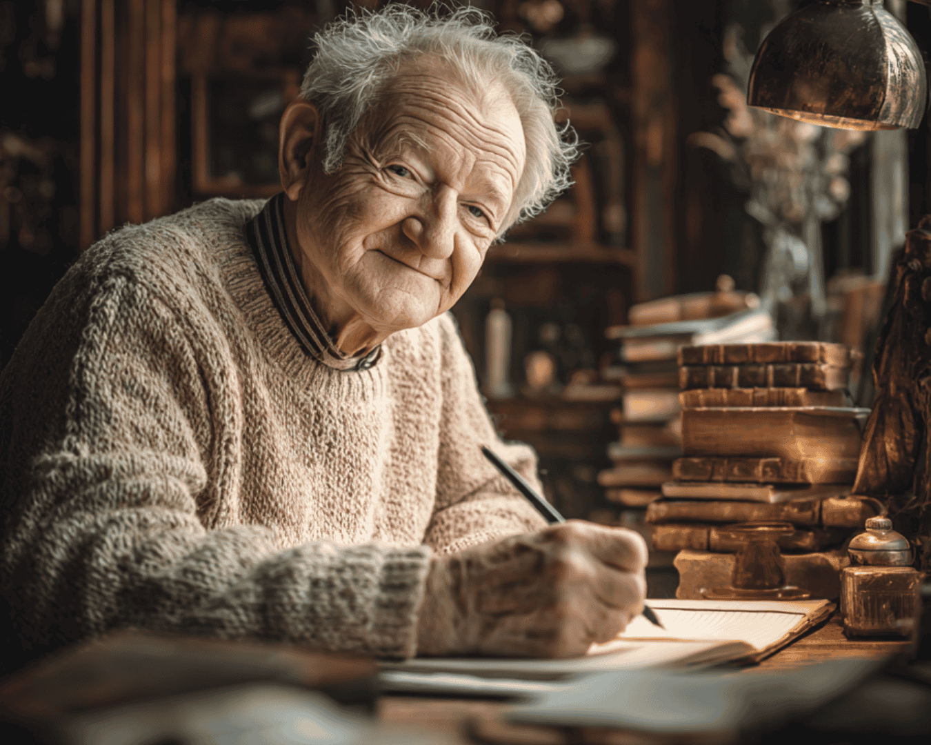 uomo anziano che combatte la solitudine della terza età scrivendo su un diario