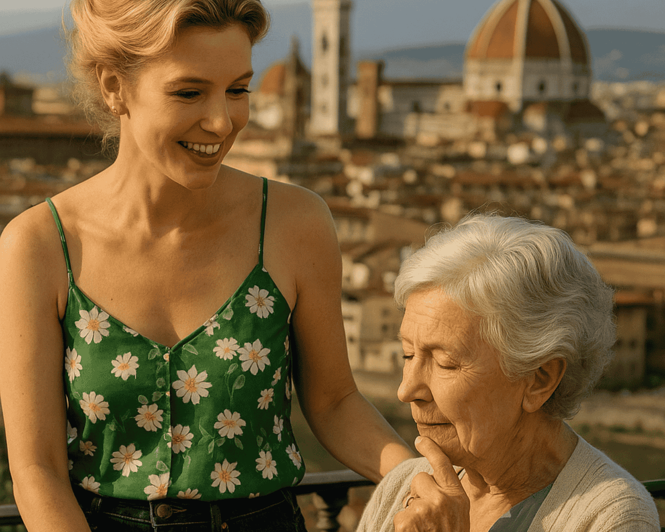 l'immagine rappresenta una conversazione su montascale e genitori tra una donna bionda e una signora anziana