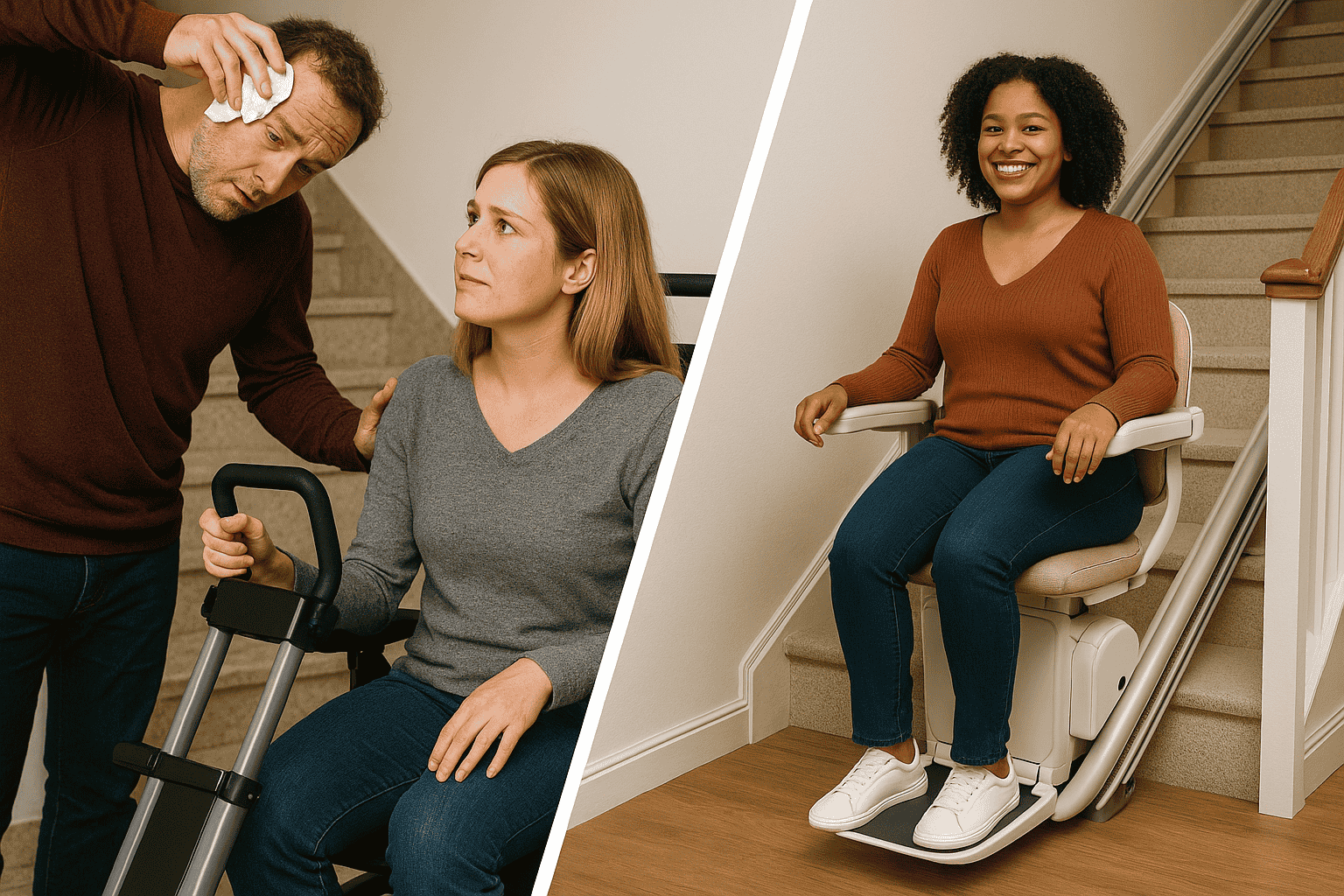 l'immagine rappresenta un confronto tra montascale portatile e montascale fisso