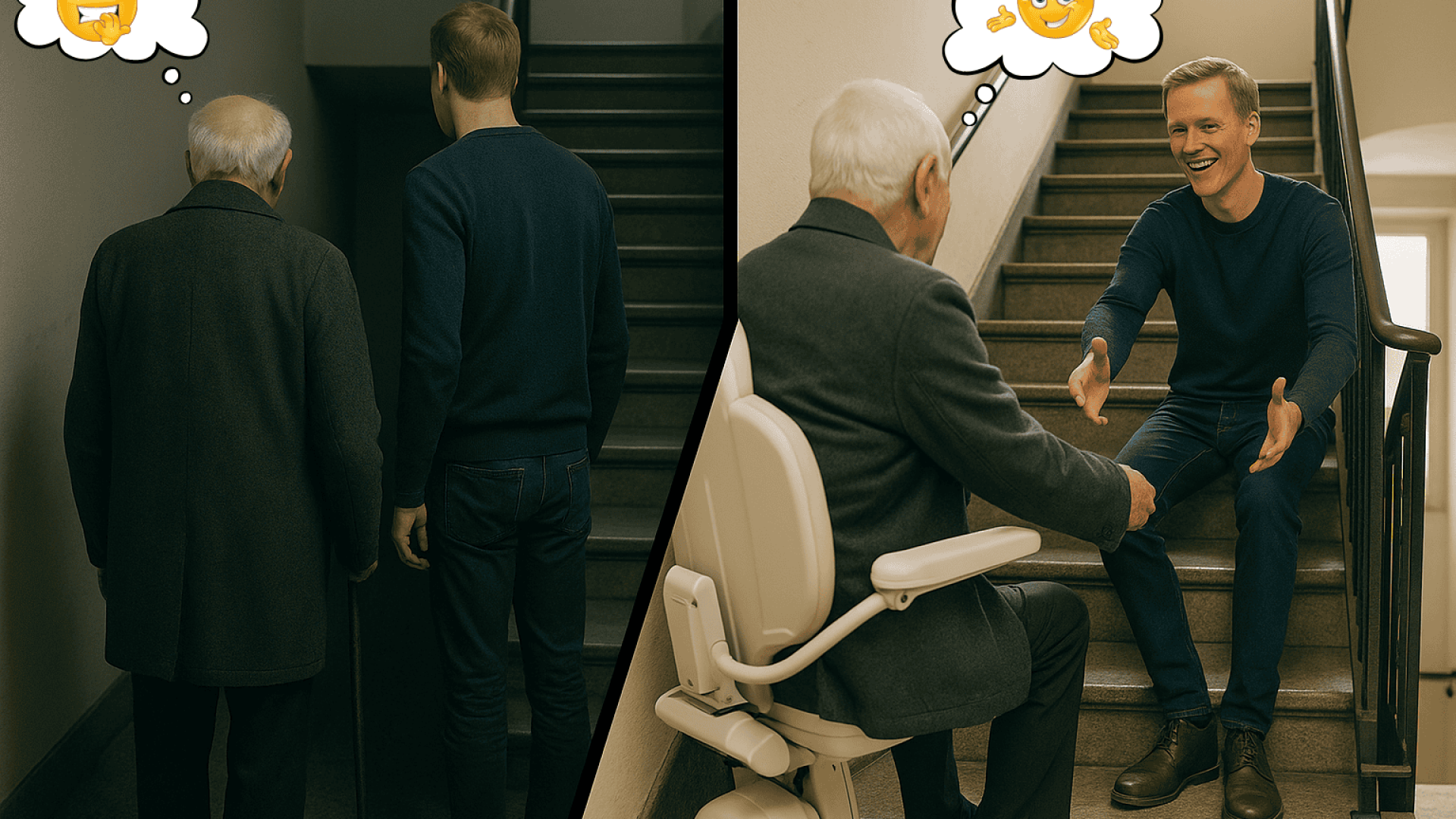 l'immagine rappresenta un signore anziano prima preoccupato in vista delle scale, poi contento perchè ha il montascale