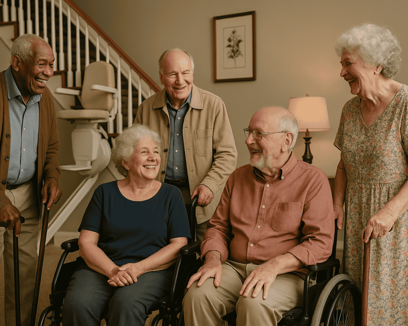 l'immagine rappresenta signori anziani che sorridono in amicizia con dietro un montascale