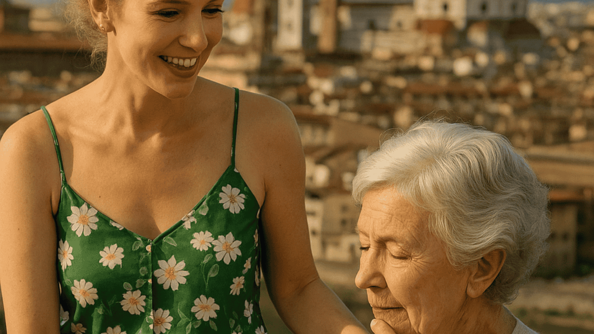 l'immagine rappresenta una conversazione su montascale e genitori tra una donna bionda e una signora anziana