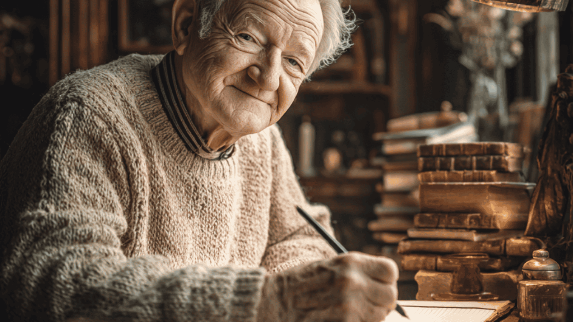 uomo anziano che combatte la solitudine della terza età scrivendo su un diario