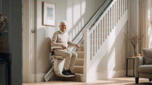 l'immagine rappresenta una persona anziana su un montascale fisso