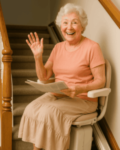 l'immagine raffigura una signora anziana felice su un montascale, ha un giornale in mano e saluta