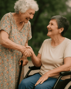 l'immagine rappresenta due signore anziane che si stringono la mano sorridenti