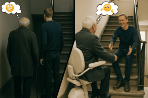 l'immagine rappresenta un signore anziano prima preoccupato in vista delle scale, poi contento perchè ha il montascale