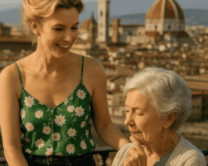 l'immagine rappresenta una conversazione su montascale e genitori tra una donna bionda e una signora anziana