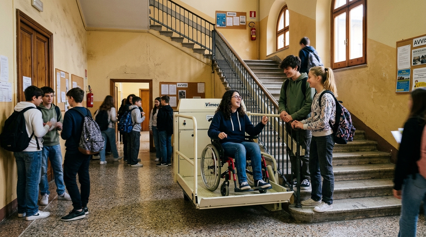 Studentessa in carrozzina su servoscala a pedana all'interno di una scuola italiana
