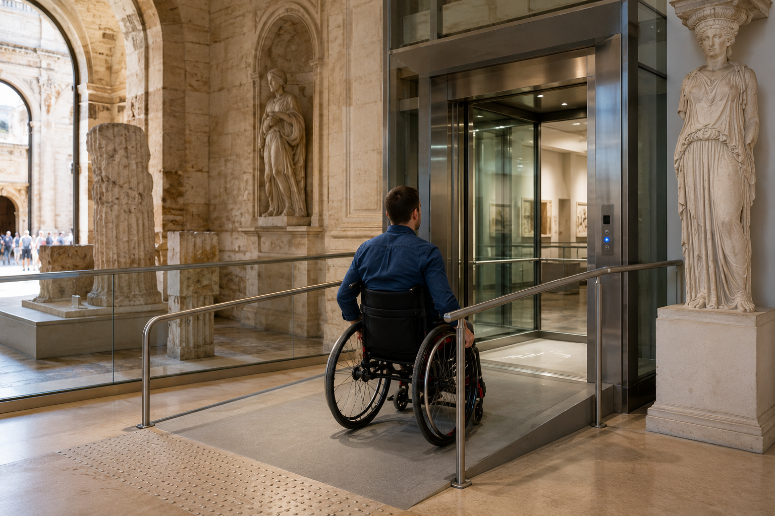Museo accessibile con persona in carrozzina davanti a un ascensore integrato in un edificio storico.