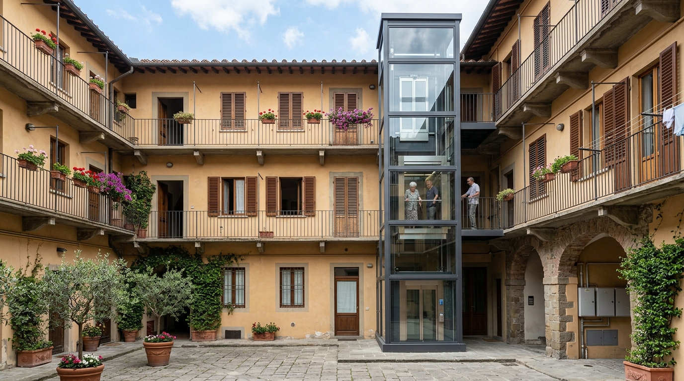 Ascensore in cortile esterno in vetro e acciaio installato in un condominio residenziale