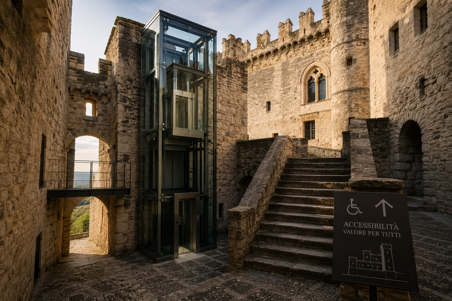 Ascensori in edifici storici con struttura panoramica in vetro integrata in un castello medievale