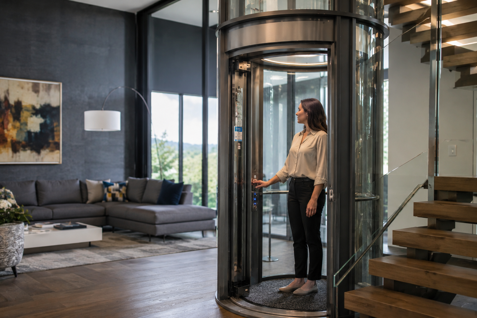 Ascensori per case private con cabina panoramica in vetro installata in un’abitazione moderna