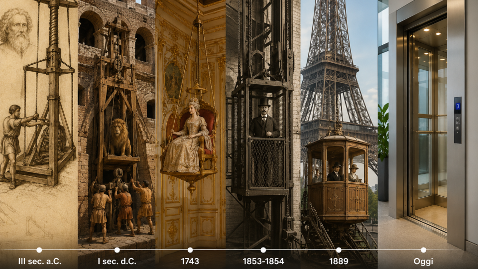 Storia dell'ascensore dalle prime macchine di sollevamento dell'antichità fino agli ascensori moderni.
