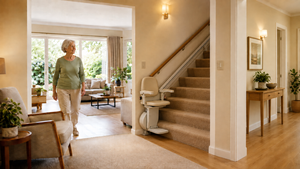Casa a prova di anziano con montascale installato lungo la parete e spazi accessibili.