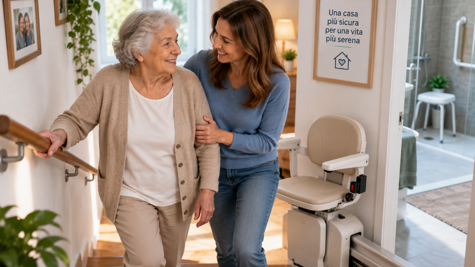 Prevenzione cadute anziani in casa con montascale e supporto familiare
