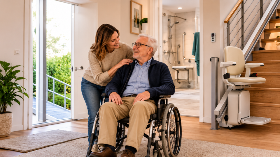 Casa accessibile per disabili con uomo in carrozzina, bagno adattato e montascale