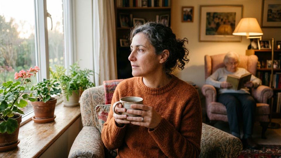 Una donna con una tazza di tè osserva fuori dalla finestra: lo stato d'animo e la fatica emotiva di chi assiste un familiare
