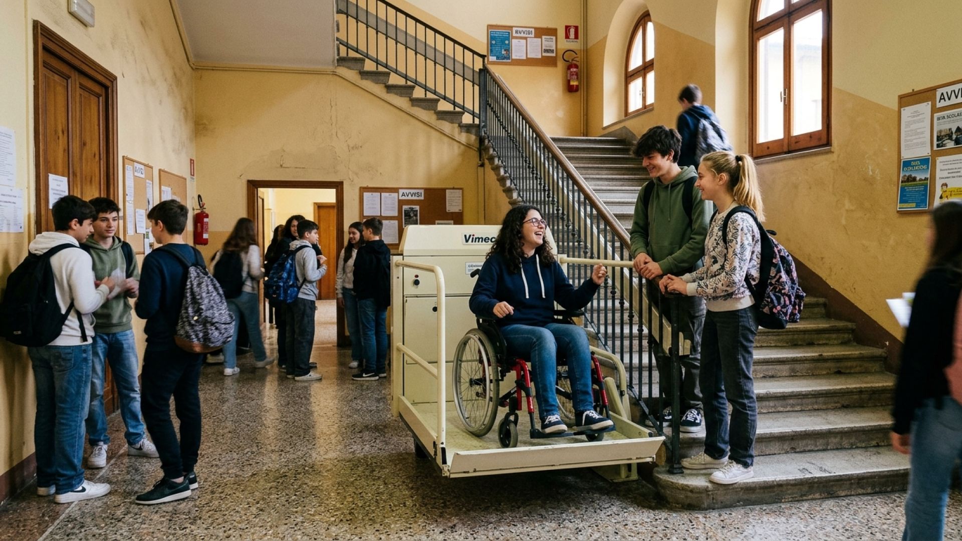 Studentessa in carrozzina su servoscala a pedana all'interno di una scuola italiana