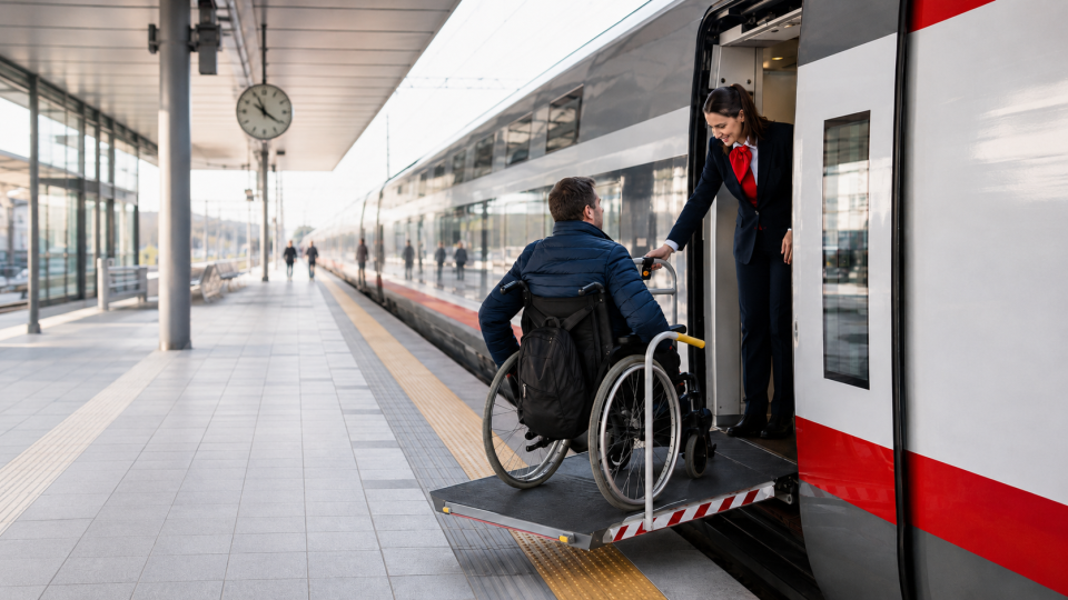 Persona in sedia a rotelle assistita durante la salita su un treno in una stazione accessibile.
